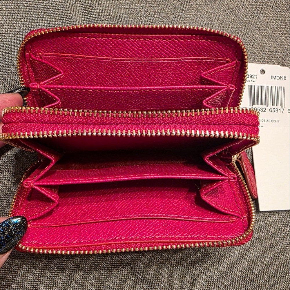 Coach Double Zip Coin Case Women Small True Red Crossgrain Leather F63921 - Picture 3 of 5